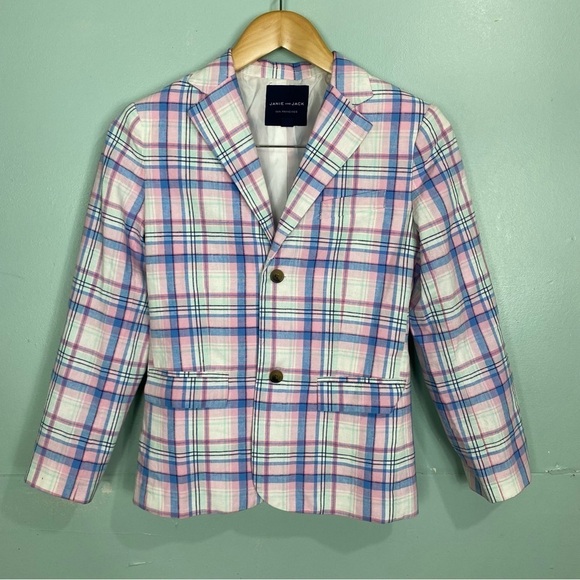 Janie & Jack Plaid Linen Blue Pink Pastel Blazer Sz‎ 12 Boys - Picture 1 of 5